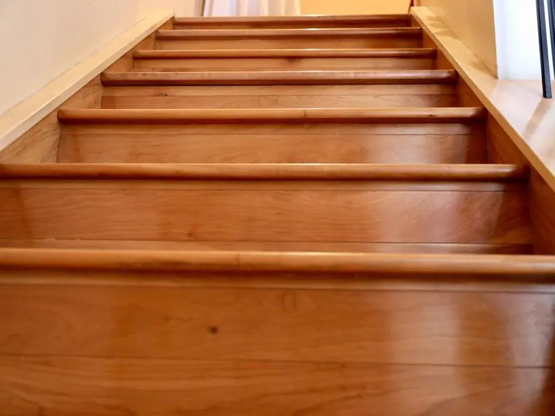 Stained wood stair treads with rounded nosings