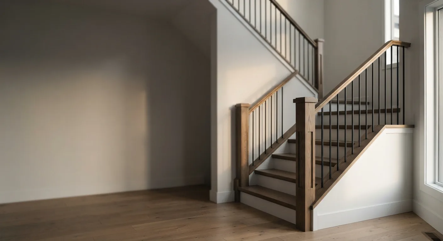 Stained wood stair railing with black metal spindles