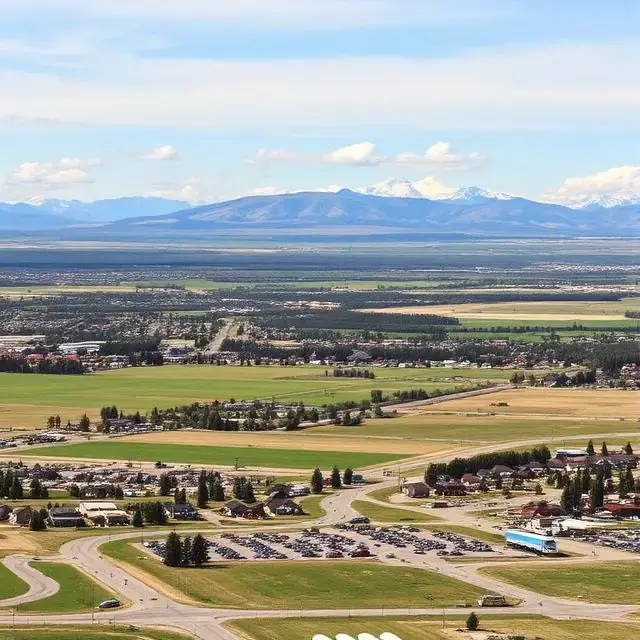 Airdrie, Alberta, seen from above with the mountains in the distance