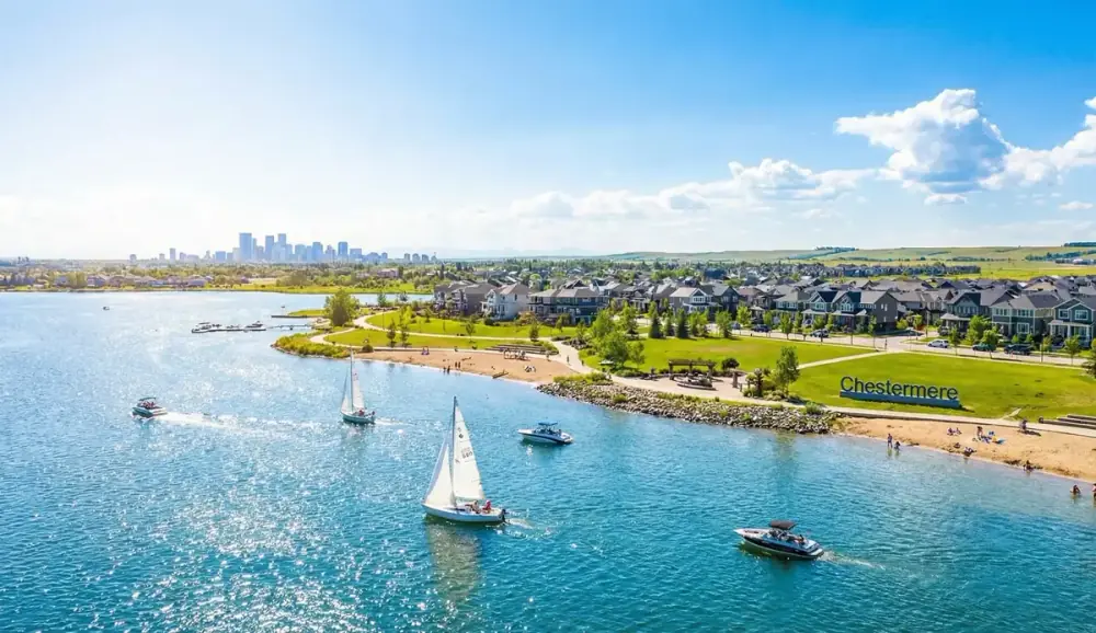 Chestermere Lake, Alberta, with sailboats and homes along the shore